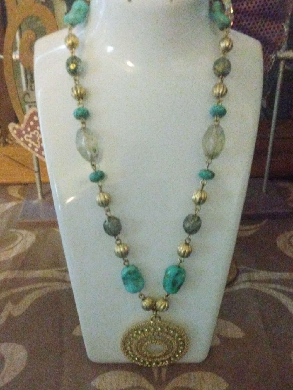 Lia  SophiaGold and Turquoise Beaded Pendant Necklace -